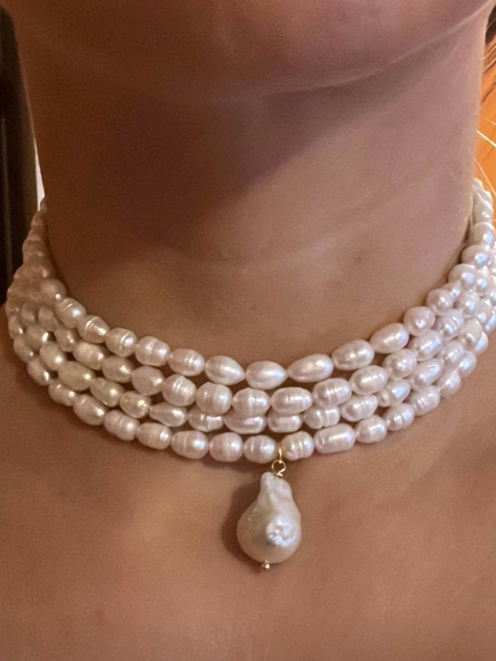 4 Row Baroque Real Pearl Multi-Strand Choker Necklace - Gold Tone - Brand New! - Picture 3 of 5